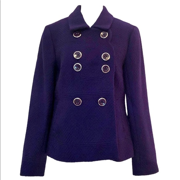 Etcetera Royal Purple Wool Pea Coat Big Gold & Purple Enamel Buttons Size 6 - Picture 1 of 8
